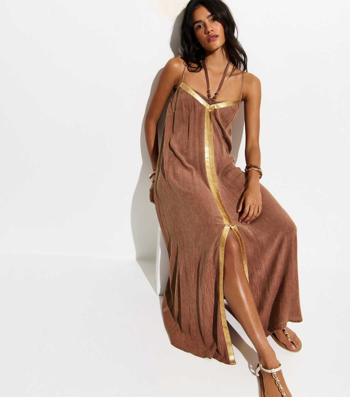 Light Brown Sequin Trim Beach Maxi Dress | New Look | New Look (UK)