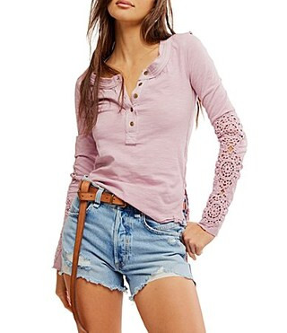 Free People Our Song Henley Neck Long Lace Sleeve Top - L | Dillard's
