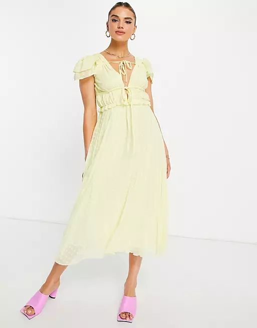 ASOS DESIGN plunge pleated midi dress in broderie textured in yellow | ASOS (Global)