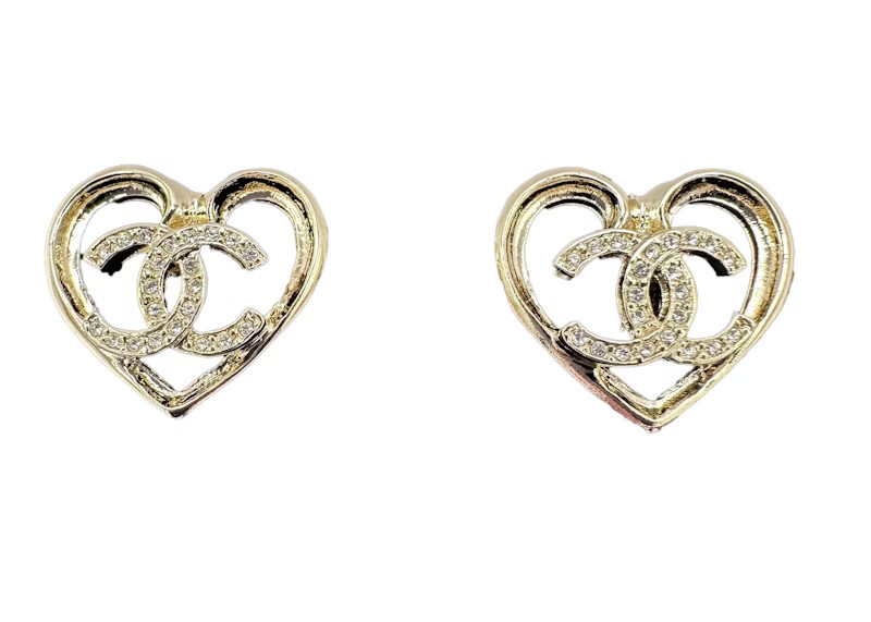 Women's Chanel CC Logo Heart Stud Earrings ABA103 in Light Gold/Crystal | StockX