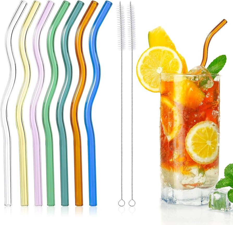 7Pcs Reusable Colorful Wavy Glass Straws - 8.5"x8mm Shatter Resistant Glass Straw with 2 Clening ... | Amazon (US)