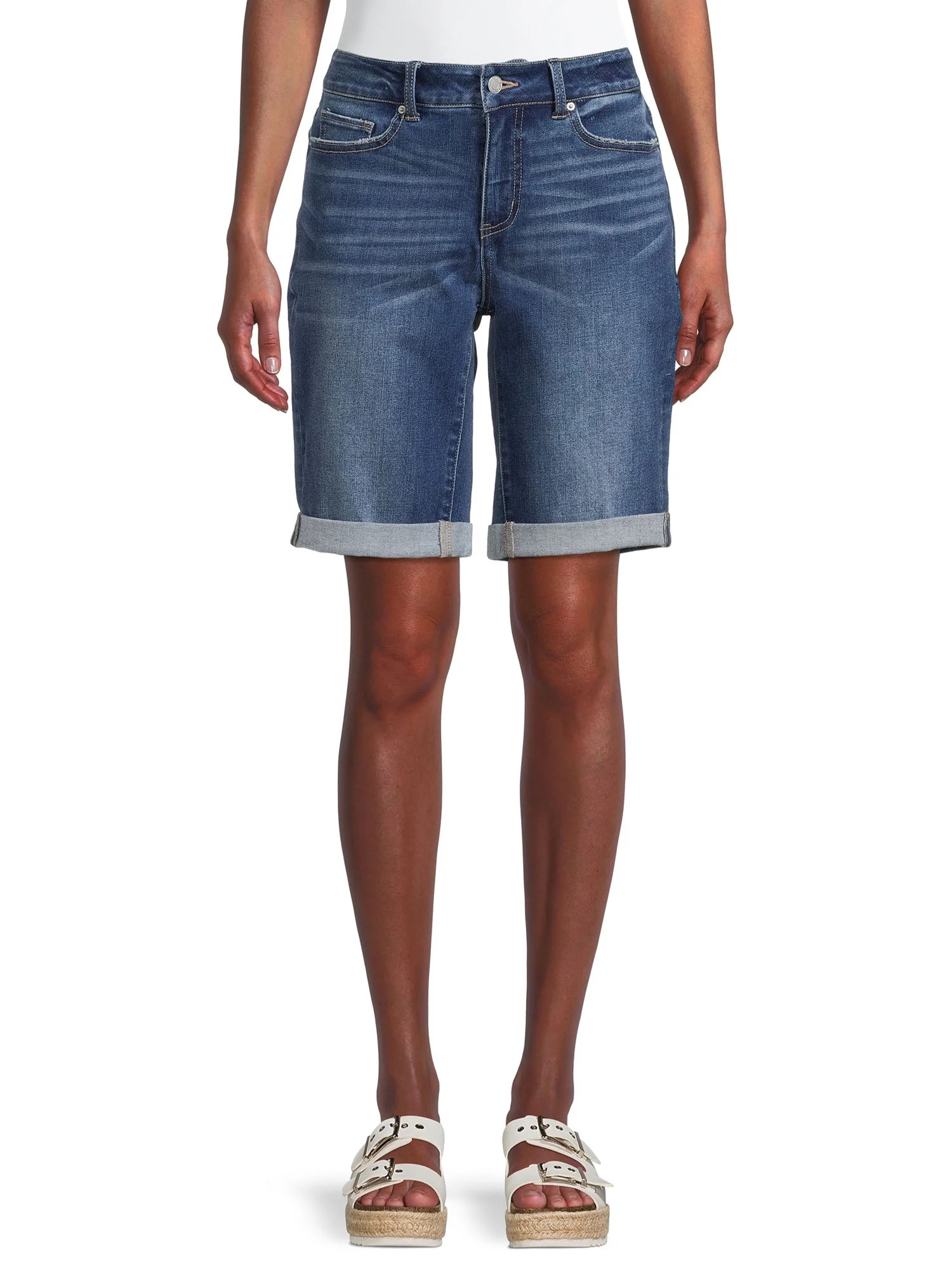 Time and Tru Women's Mid Rise Rolled Cuff Denim Bermuda Short | Walmart (US)
