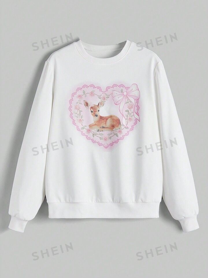 ROMWE Kawaii Cute Casual Women'S Deer Print Sweatshirt | SHEIN