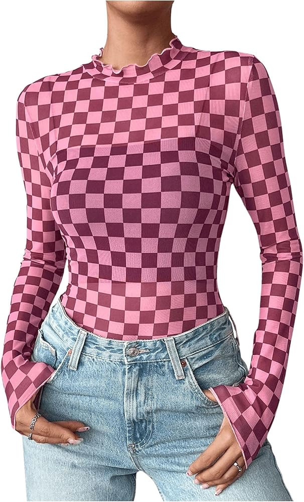 Floerns Women's Checker Print Long Sleeve T Shirts Sheer Mesh Plaid Print Tops | Amazon (US)