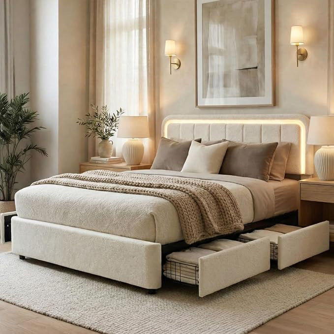 Cloud Queen Bed Frame with Storage, Boucle Upholstered Bed Frame with LED Light and 4 Drawers, So... | Amazon (US)