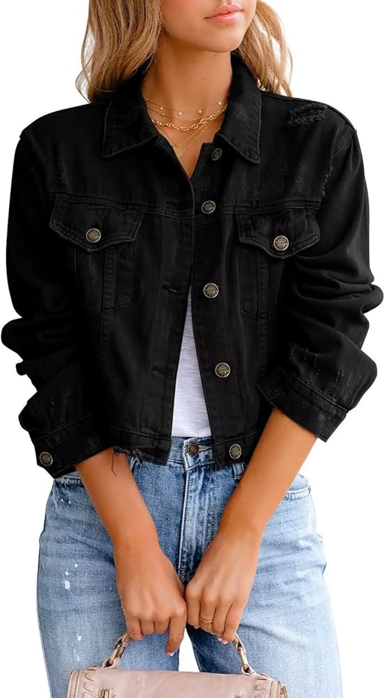 ZOLUCKY Womens Denim Jacket Distressed Frayed Ripped Jean Jacket Casual Button Down Light Jackets | Amazon (US)