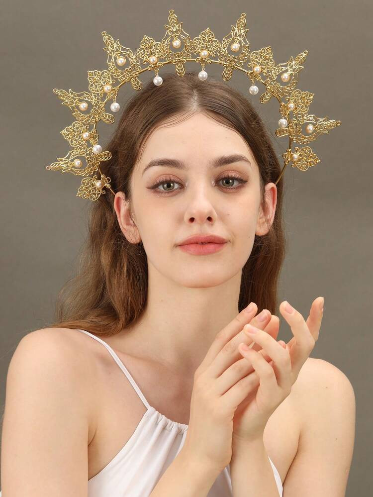 1pc Golden Pearl Pendant Headband, Virgin Mary Crown Costume Accessory, For Events & Parties | SHEIN