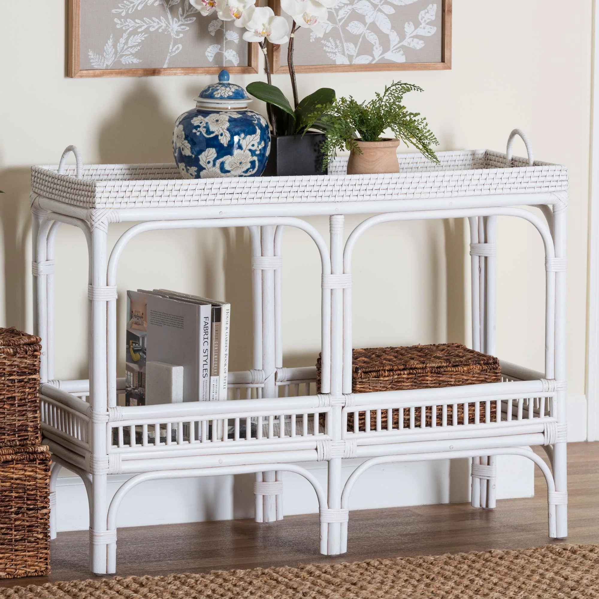 Lombok Natural Rattan Console Table - Handwoven Wicker 2-Tier Accent Table with Raised Tray Top f... | Overstock