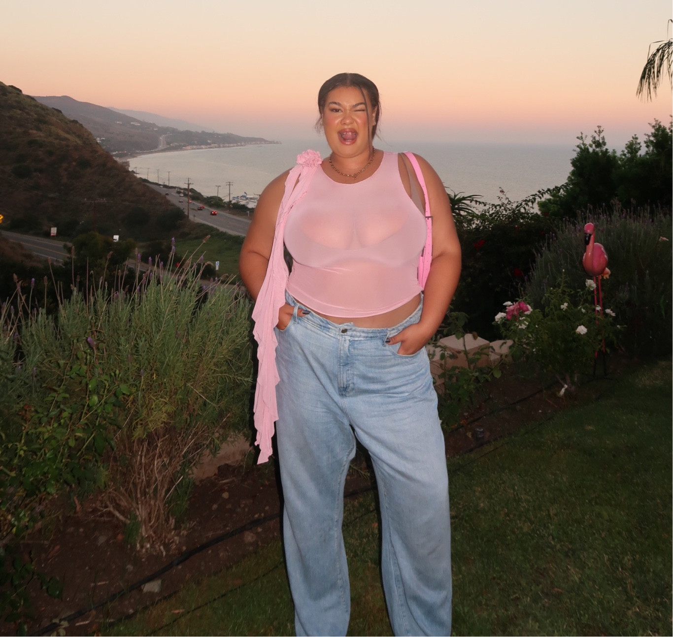 Poosh party outfit 
Pink mesh top
Good American jeans 