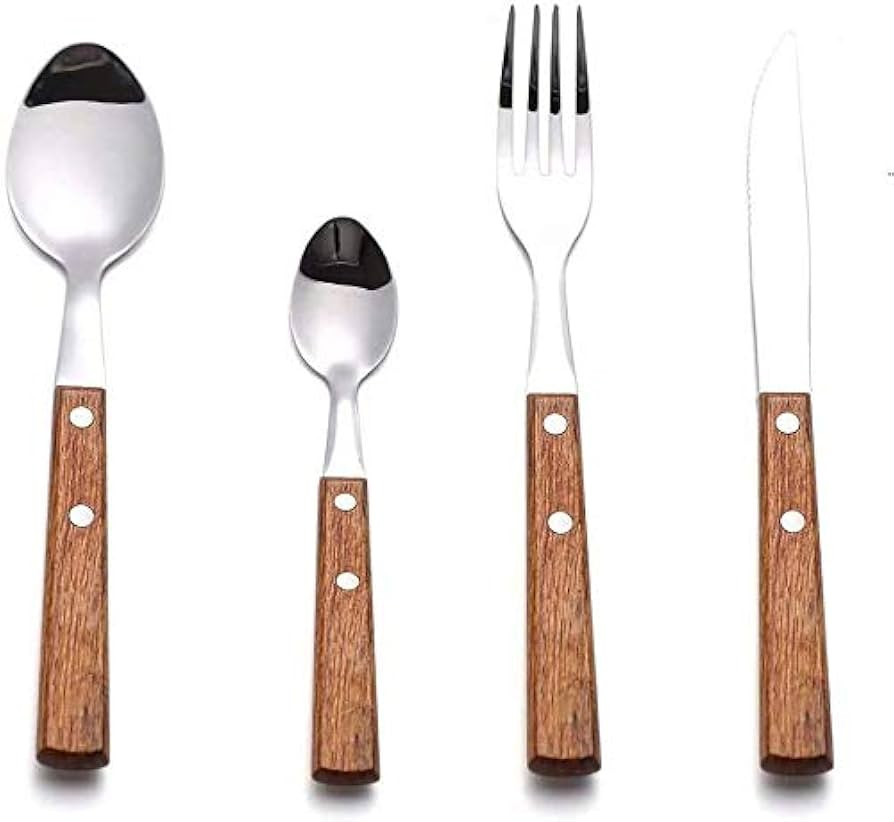 Forks and Spoons Silverware Set, HAPPY KIT Wooden Handle Flatware Set 16-Piece (4 Sets) 18/8 Stai... | Amazon (US)