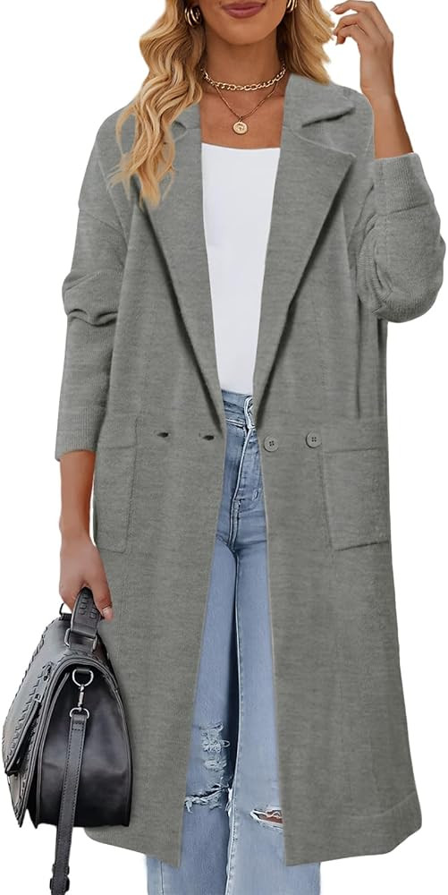 MEROKEETY Women's Open Front Oversized Knit Long Cardigan Coat Notch Lapel Button Fall Sweaters with | Amazon (US)