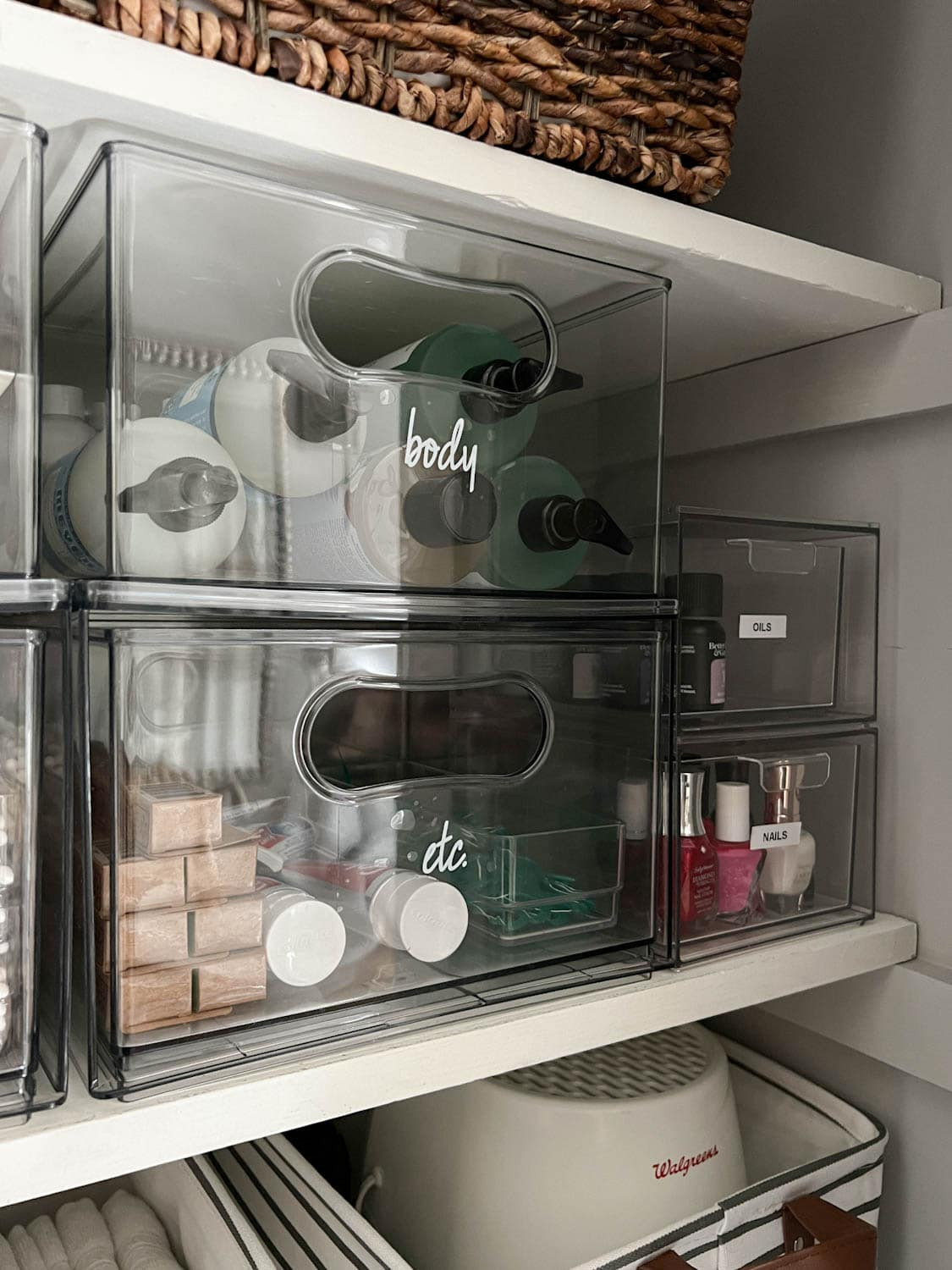 Use Clear Bins for Toiletries
Keep clear stackable storage bins at eye level to make it easy to grab smaller items and extra toiletries like body wash when you run out or want a quick scoop of epsom salt for a bath.

When you use clear containers on linen closet shelves, it’s easier to see when you need to stock up. 

 #Organization #LTKdayinmylife