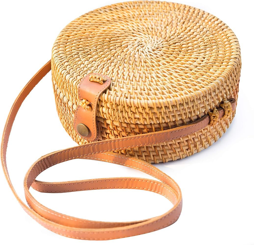 Round Rattan Bag Wicker Straw Shoulder Leather Straps Natural Woven Bags | Amazon (CA)