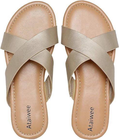 Womens Wide Flat Sandals - Double Bands Cross Strap Summer Shoes Memory Foam Anti-Slip Sole for E... | Amazon (US)