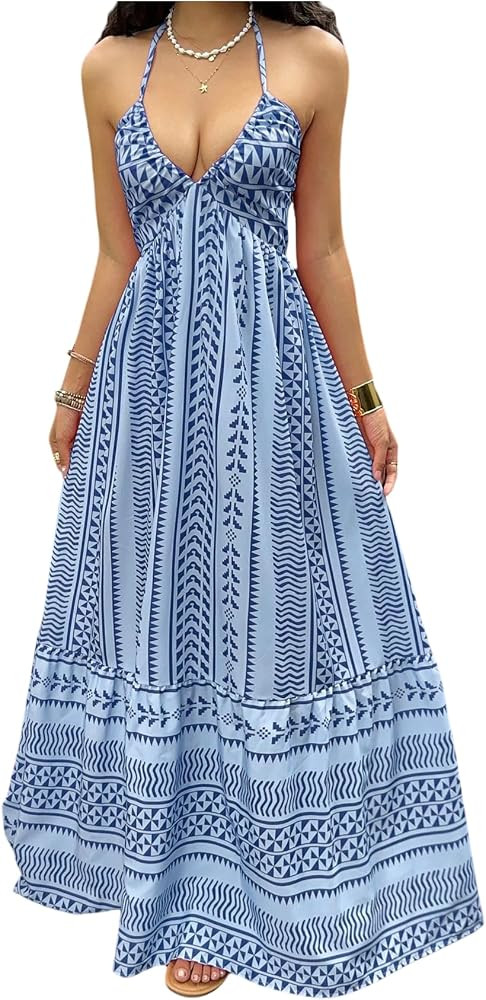 SOLY HUX Women's Boho Maxi Dress Printed Sundress Deep V Halter Tie Backless Sleeveless Flowy Sum... | Amazon (US)
