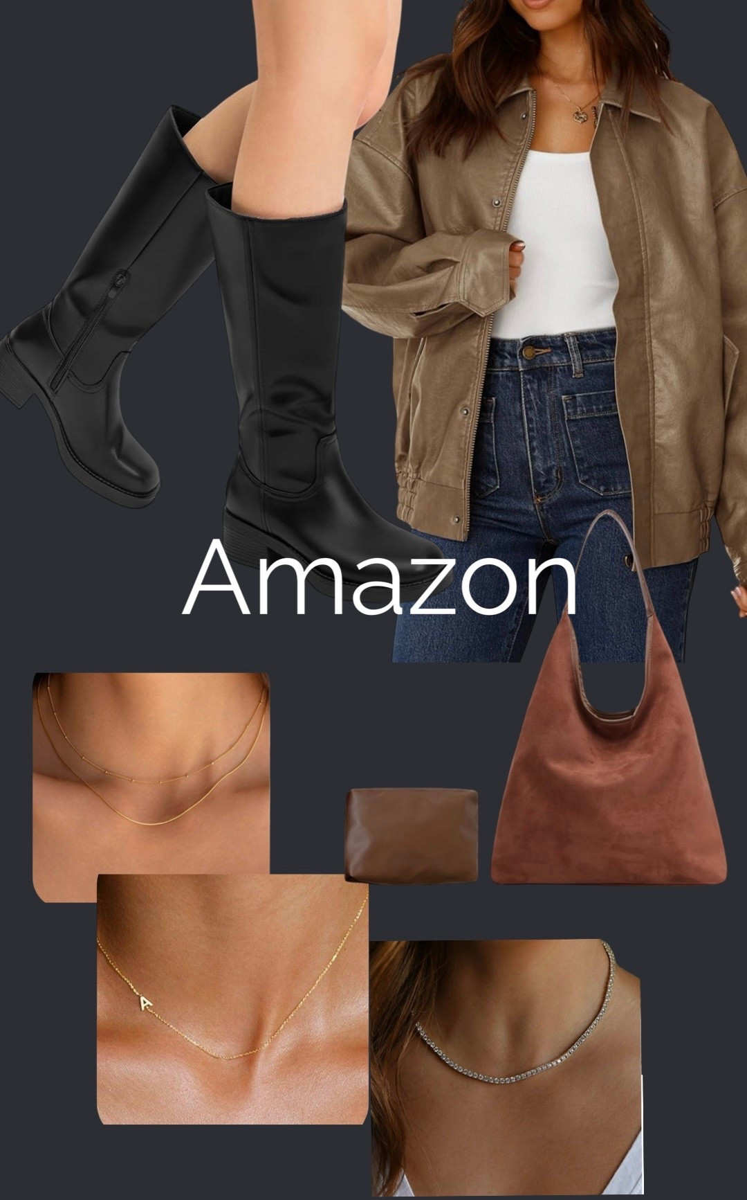 Black riding boots 
Faux leather fall jacket 
Suede slouchy bag tote 
Dainty layering necklaces 
All come in a ton of colorways! 

#LTKTravel #LTKShoeCrush #LTKItBag