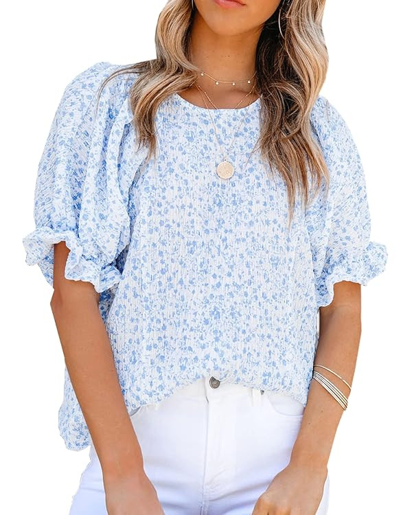 Dokotoo Floral Print Blouses for Women Crewneck Smocked Puff Sleeve Shirts Casual Babydoll Tops | Amazon (US)