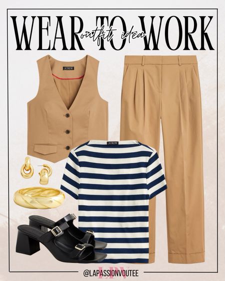 Effortlessly chic with a modern twist. Elevate your style game with a slim-fit vest layered over a classic boatneck t-shirt and paired with sophisticated wide-leg pants. Complete the look with edgy chainlink earrings, a sleek cuff bracelet, and buckle leather sandals for a polished ensemble that exudes confidence and sophistication.

#LTKSeasonal #LTKworkwear #LTKstyletip
