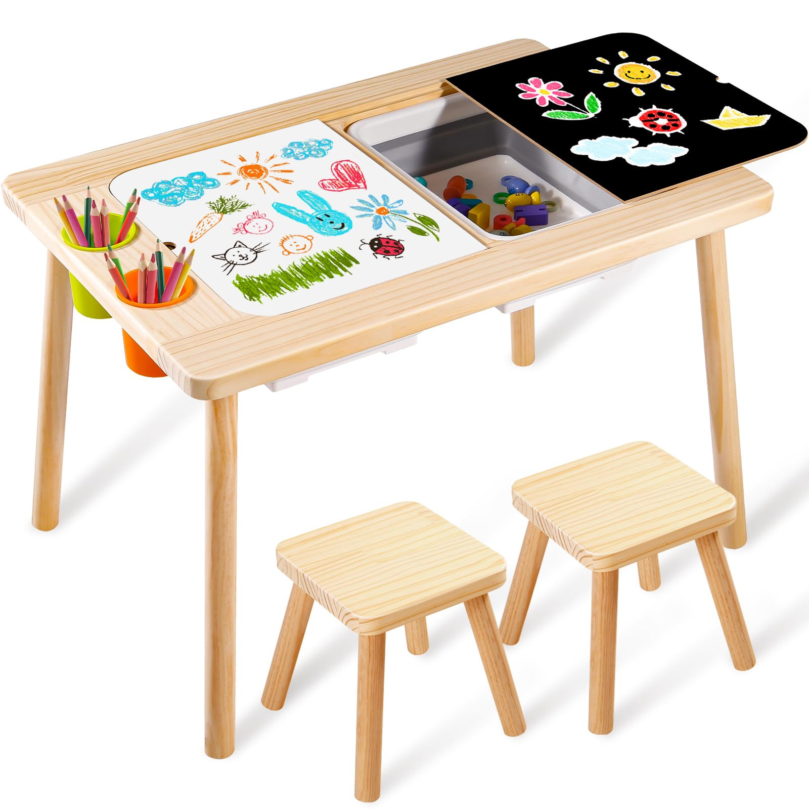 Children's Sensory Table with 2 Stool, Multifunction Toddler Play Sand Table Indoor Art Table Dra... | Amazon (US)