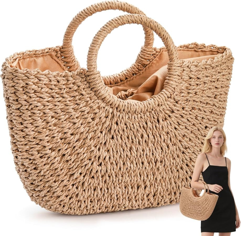 Women Straw Bag, Large Hand-woven Summer Beach Handbag, Handmade Straw Tote Bag, Casual Top-handl... | Amazon (US)