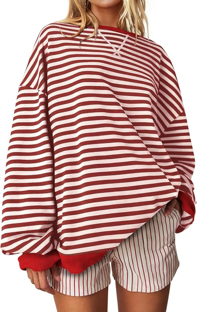 UEU Women Oversized Striped Crewneck Sweatshirt Long Sleeve Color Block Pullover Tops Casual Loos... | Amazon (US)