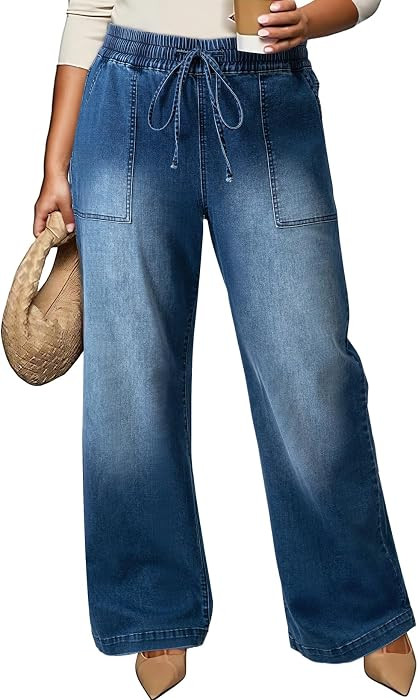 Eytino Womens Plus Size Jeans High Waisted Straight Leg Wide Leg Jean Trendy Stretchy Drawstring ... | Amazon (US)
