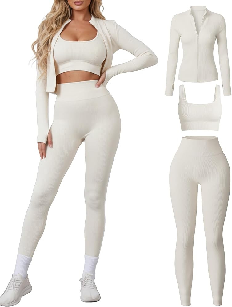 Women 3 Piece Seamless Workout Set Sports Bra High Waisted Gym Yoga Leggings Zip Up Jacket with T... | Amazon (US)