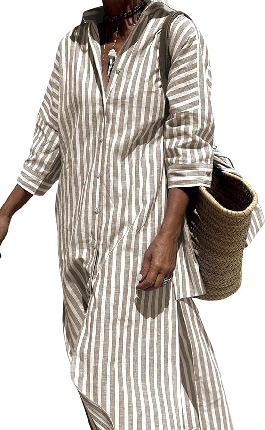 Hooever Shirt Dresses for Women Casual Long Sleeve Button Down Loose Striped Cotton Maxi Shirt Dr... | Amazon (US)