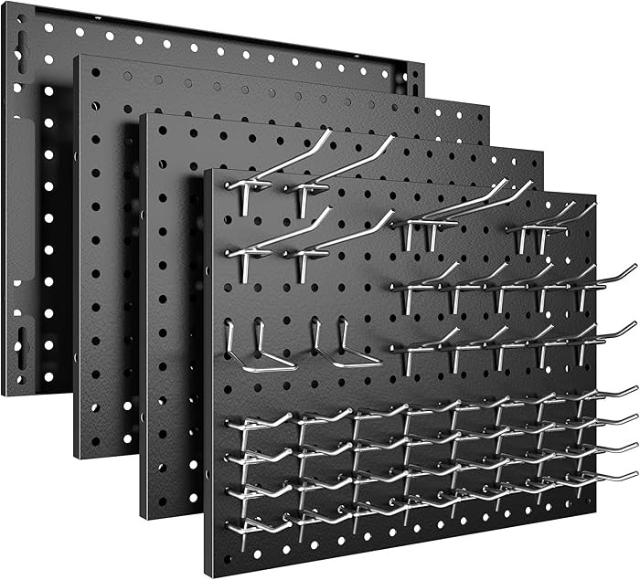 Peg Board, 4 Pack Metal Pegboard Panels with 50 Hooks, Black Pegboards Wall Organizer, Heavy Duty... | Amazon (US)
