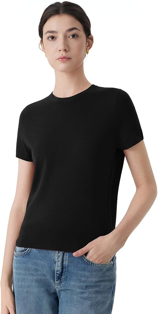 SUUKSESS Women Silk Cashmere Blend Crew Neck Short Sleeve Sweaters Casual Blouse | Amazon (US)
