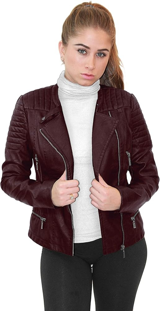 Olivia Miller Women's Faux Leather Moto Biker Jacket with Pockets | Amazon (US)