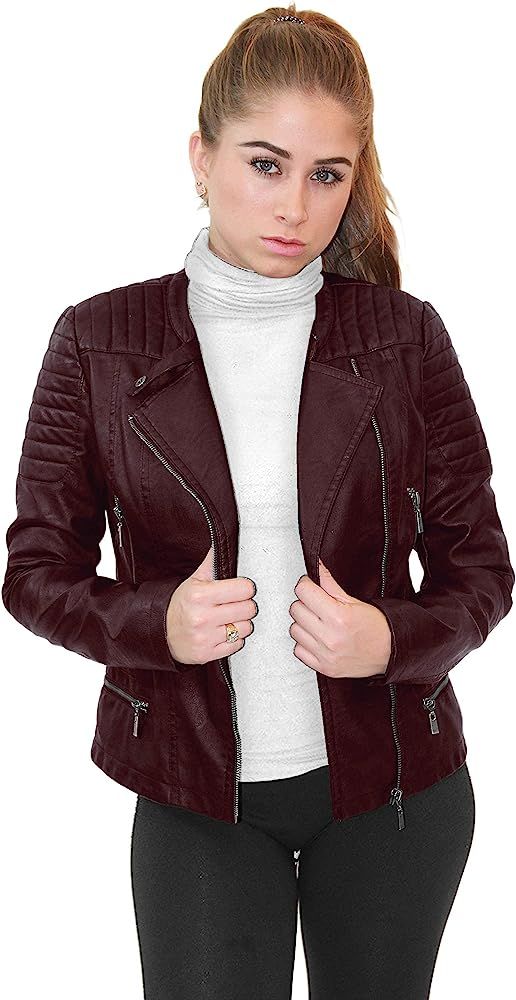 Olivia Miller Women's Faux Leather Moto Biker Jacket with Pockets | Amazon (US)