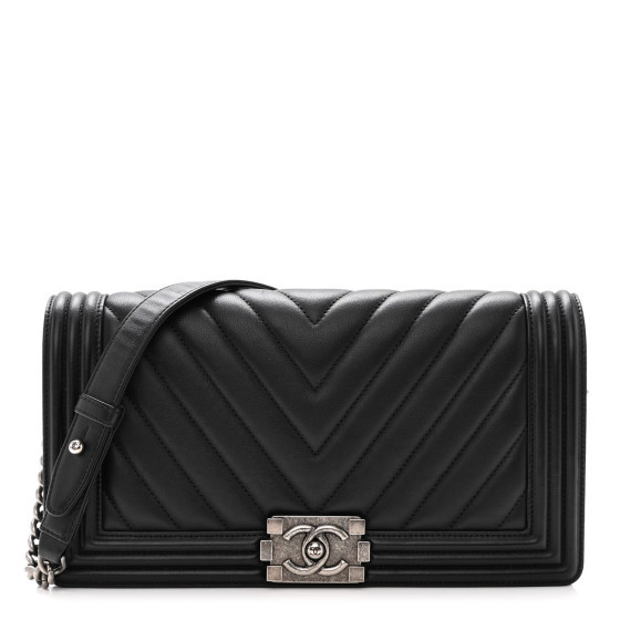 Calfskin Chevron Quilted Boy Convertible Clutch Flap Black | FASHIONPHILE (US)