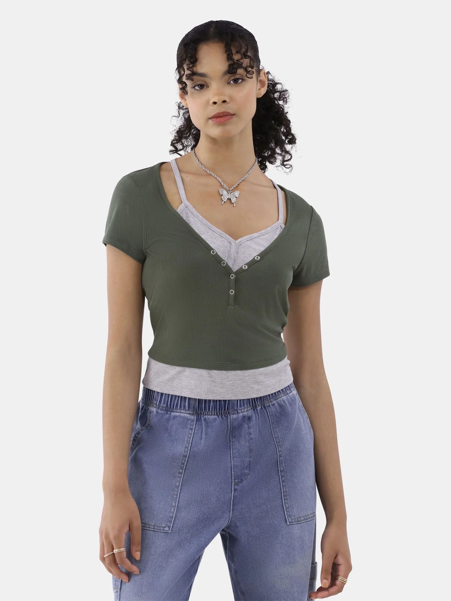 No Boundaries Layered Look Henley Tee with Short Sleeves, Women’s | Walmart (US)