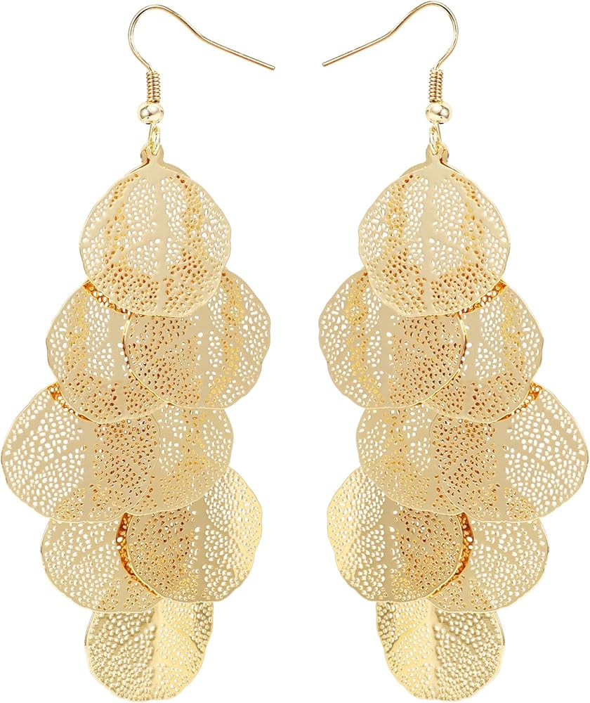 Boho Gold Dangle Earrings for Women Trendy Long Drop Chandelier Bohemian Fligree Leaf Earrings Da... | Amazon (US)