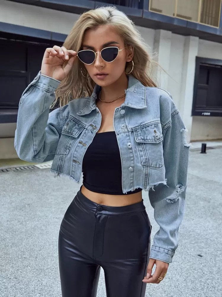 SHEIN Frenchy Jeansjacke Mit Crop Umgesäumtem Saum | SHEIN