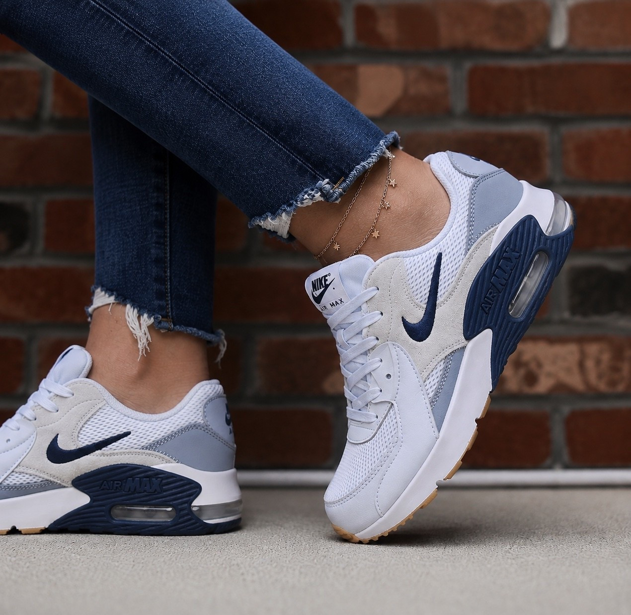 Nike Air Max Excee SE in the prettiest mix of soft blues, white, and cream for an effortless everyday sneaker, and they fit true to size, but if you’re between sizes or like a little extra room with thicker socks, I’d size up a half size.