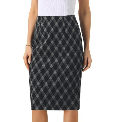 INSPIRE CHIC Women's Plaid High Waisted Casual Back Slit Elegant Bodycon Midi Skirts X-Small Black | Target