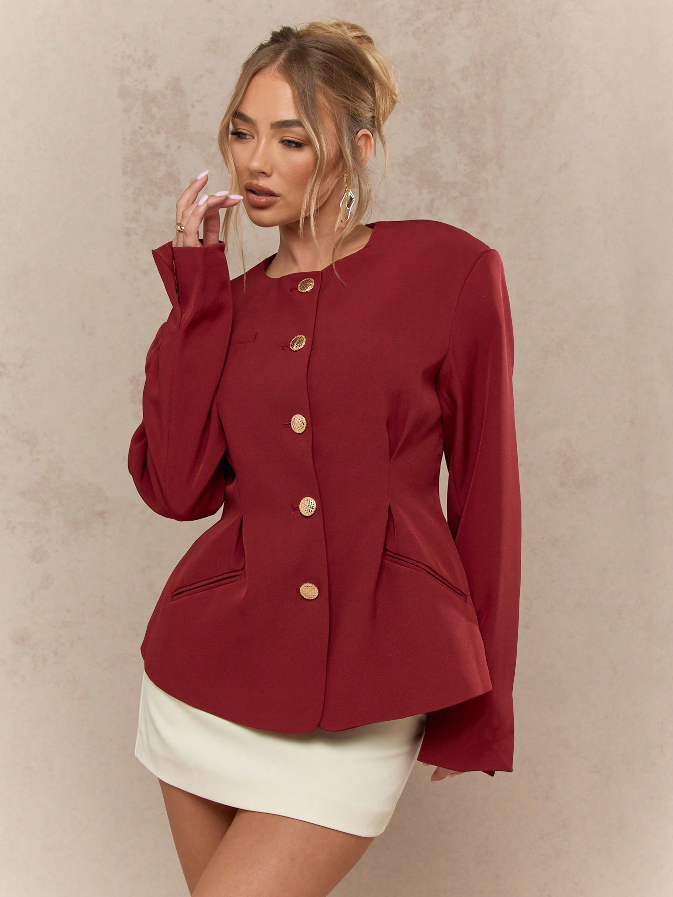 MISSGUIDED Pintuck Round Collar Statement Button Long Sleeves Jacket | SHEIN USA | SHEIN