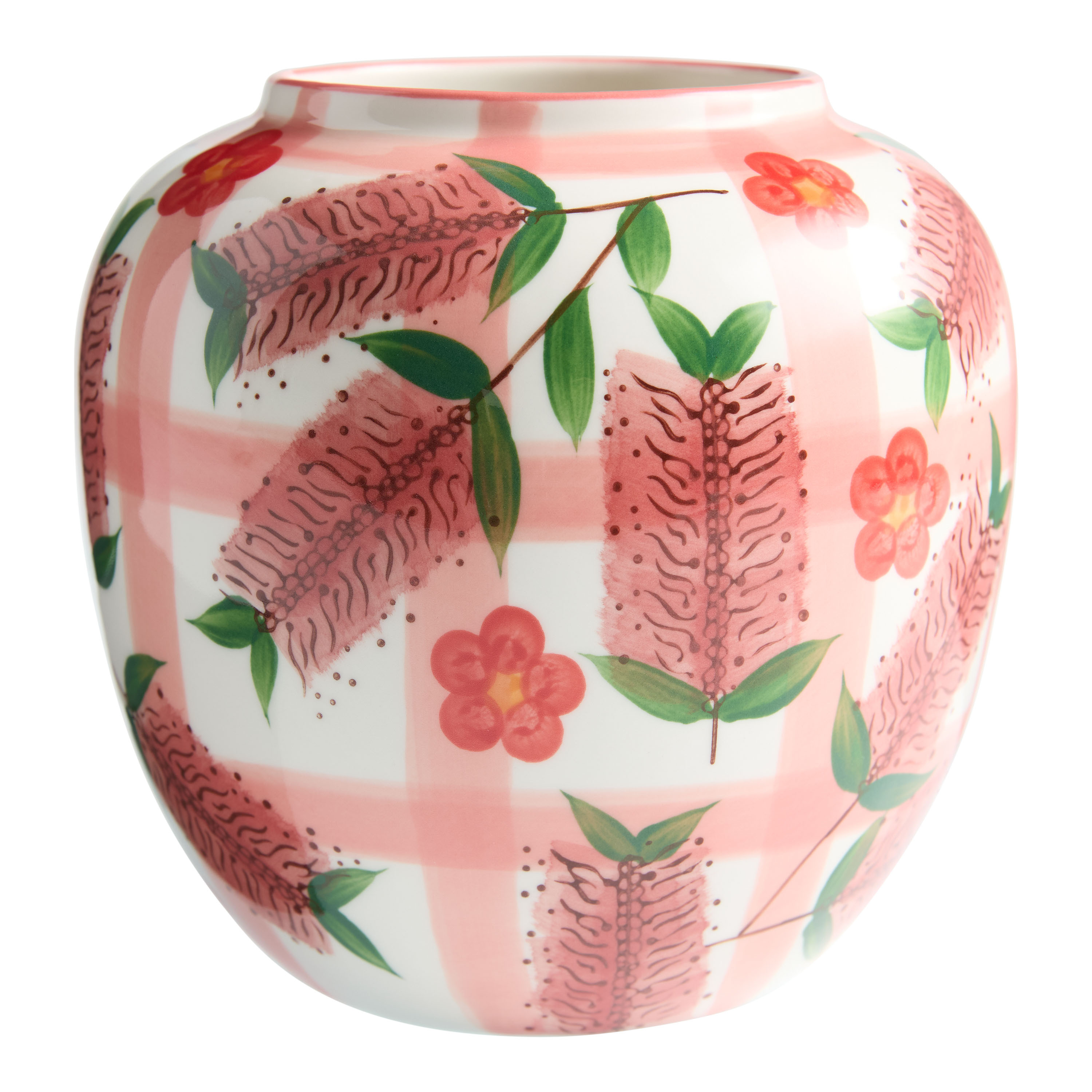 Red and Pink Ceramic Floral and Gingham Hand Painted Vase | World Market