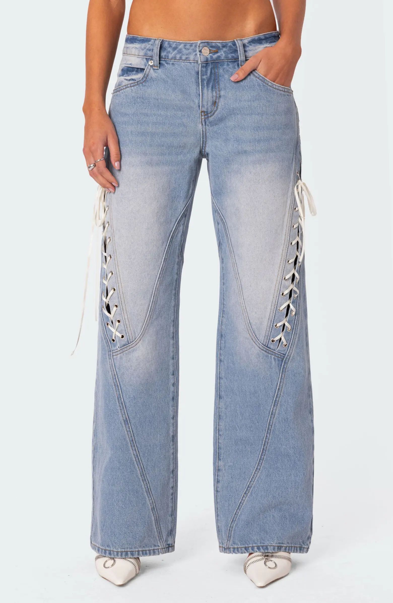 EDIKTED Lace-Up Low Rise Wide Leg Jeans | Nordstrom | Nordstrom