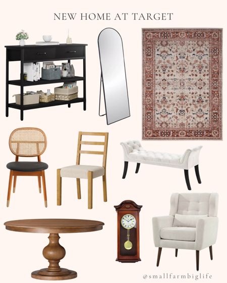 New home finds at Target. Armrest button tufted upholstered ottoman bench. Beige fabric bench. Archer metal frame large wall mirror. Chenille upholstered comfy soft padded armchair. Floral indoor area rug. Mahogany chiming pendulum wall clock. Round wooden dining table. Wooden dining chairs with taupe linen fabric seat cover. Wicker dining chairs with upholstered leather seats. Black console table with 3 tiers. Entryway table with drawers. 

#LTKHome