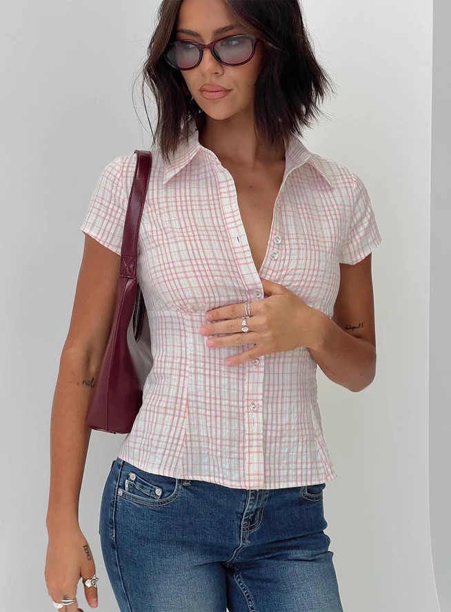 Cottesloe Blouse Top Pink Check | Princess Polly AU