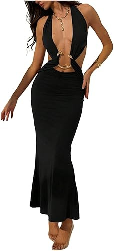 WDIRARA Women's Cut Out Tie Backless Halter Maxi Dress Sexy Sleeveless Ring Linked Fishtail Bodyc... | Amazon (US)