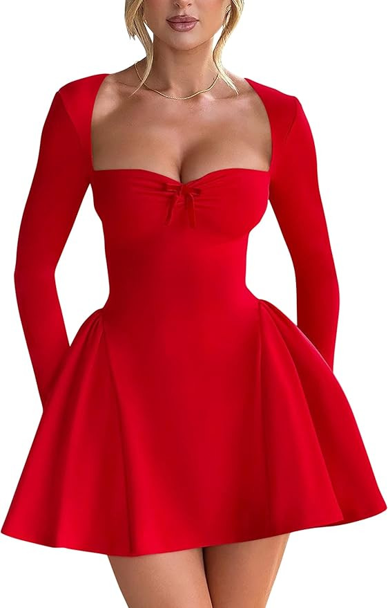 YMDUCH Women's Sexy Long Sleeve Sweetheart Neck A-line Ruffle Hem Party Club Mini Dress | Amazon (US)