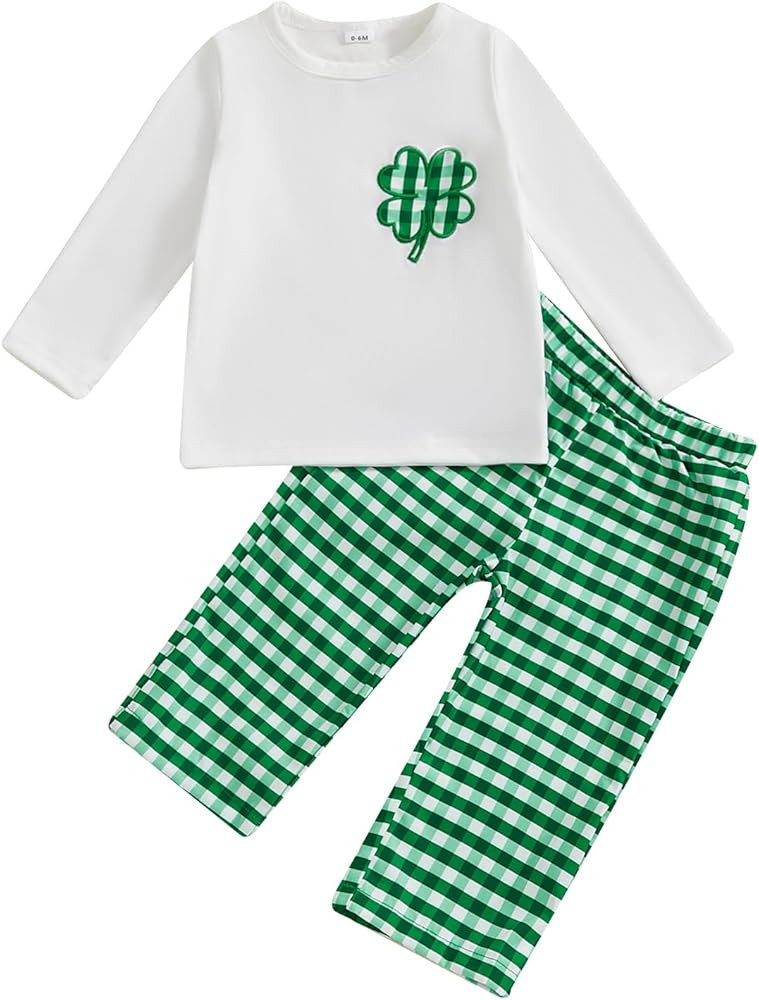 St Patricks Day Baby Girl Boy Outfit Green Shamrock Long Sleeve Shirt Top Plaid Pants Set Saint P... | Amazon (US)