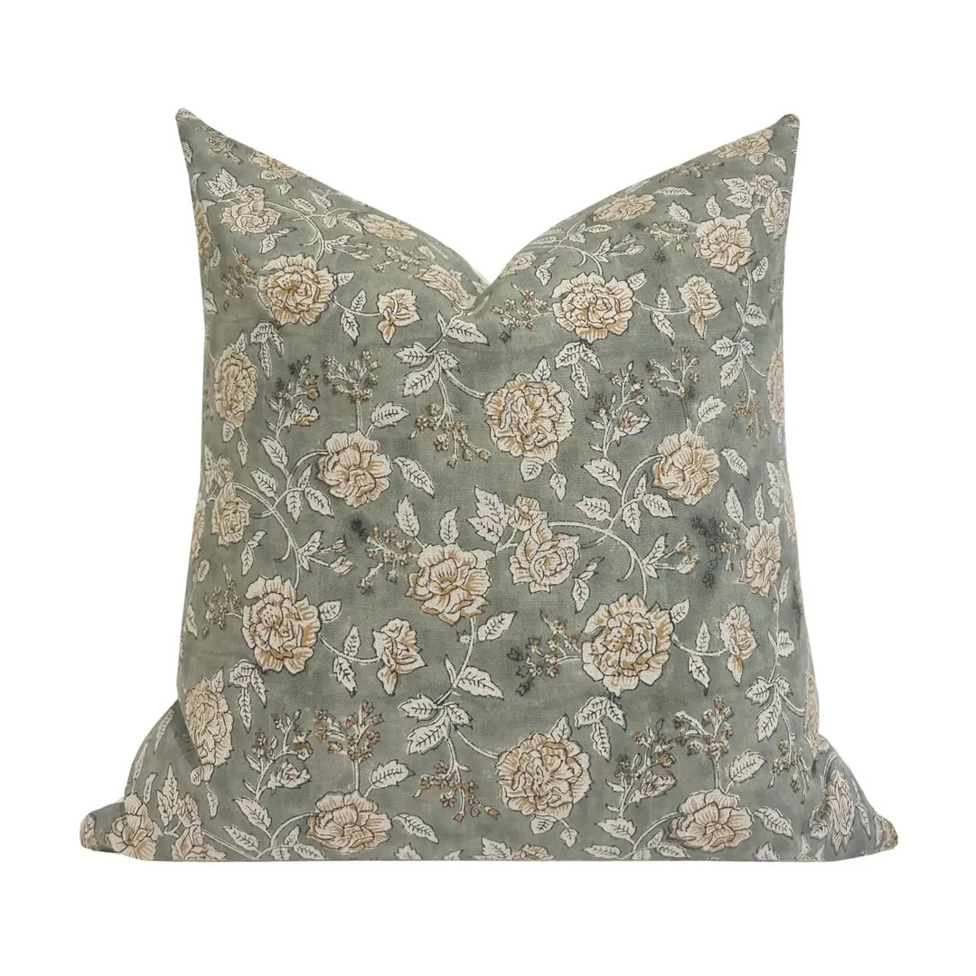 LILLIAN Designer Floral Linen Pillow Cover, Gray Blue Pillow, Hand Block Print Pillow, Block Line... | Etsy (US)