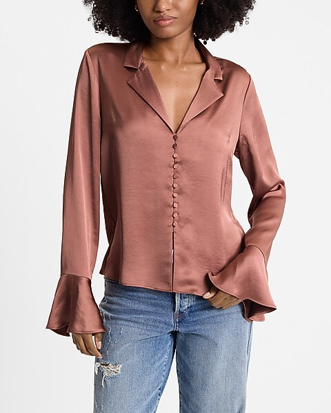 Satin V-neck Flare Sleeve Shirt | Express