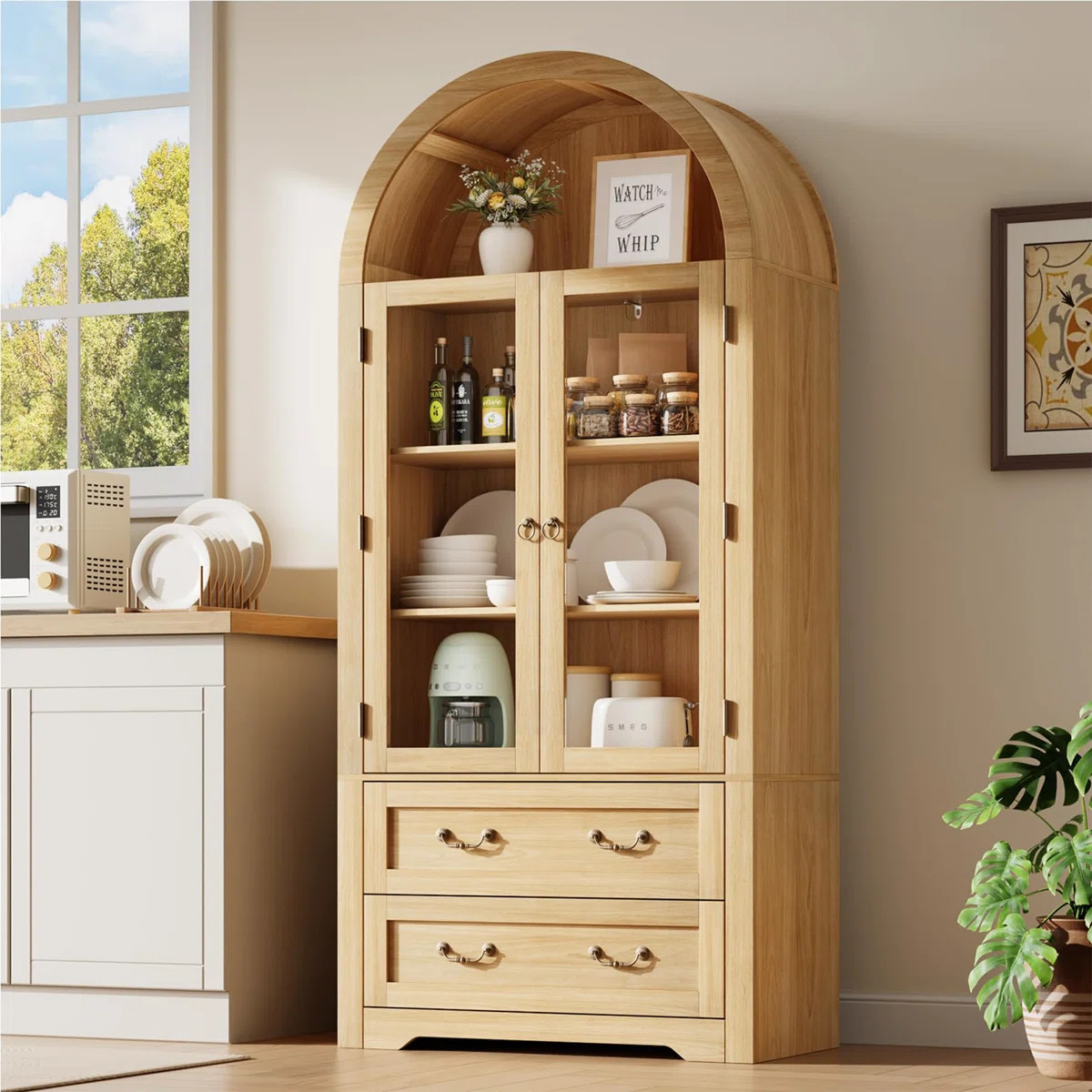 Arched Display Cabinet for Kitchen, 71'' Tall Storage Cabinet Bookcase with Glass Doors & Adjusta... | Wayfair North America