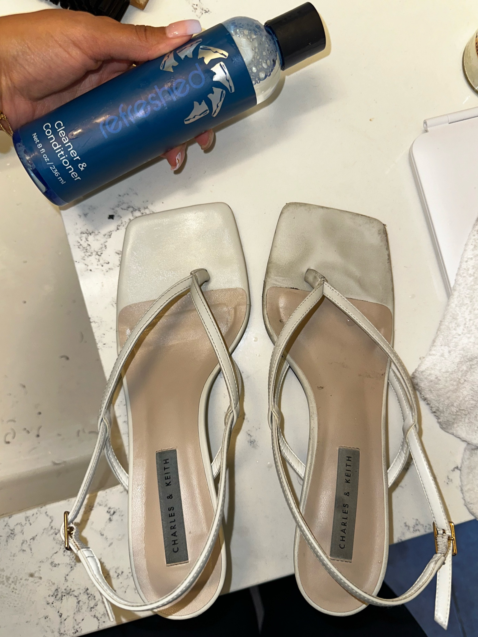 like night and day! 🧼🧽🫧🤍

this shoe cleaner is my go to for sneakers but this was the first time i tried them on my heels! and it worked out great😍🖤 definately recommend! 

#LTKFindsUnder100